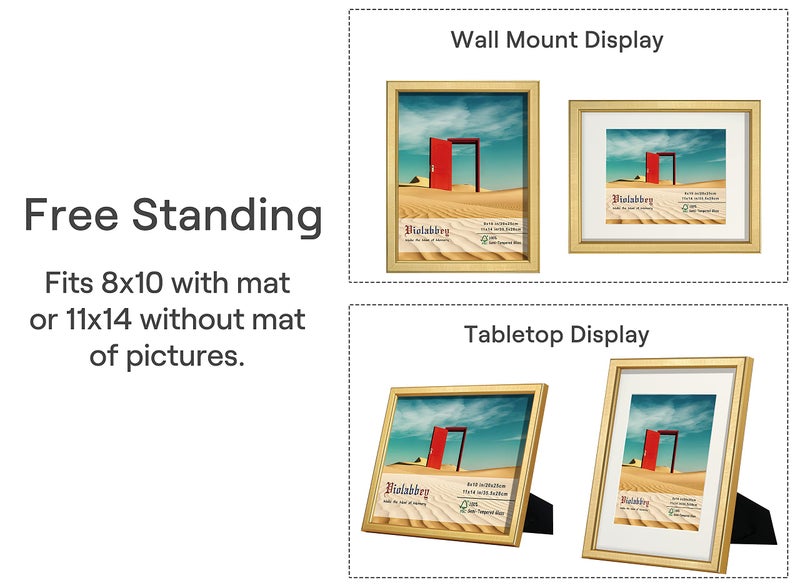VIOLABBEY 11x14 Picture Frame Gold Set of 4, Photo frame for 8x10 Pictures with Mat or 11x14 without Mat, HD Real Glass, Vertical or Horizontal for Wall and Tabletop Display - Image 3
